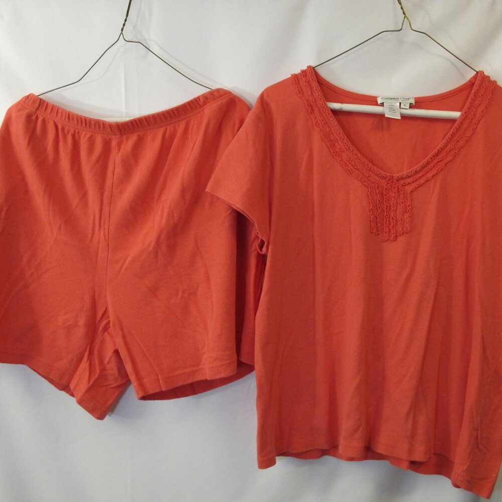 Coldwater Creek dark pink cotton top with ruffled detail and shorts XL